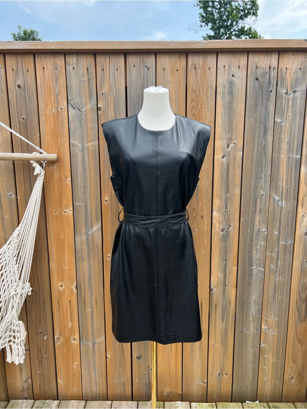 bohme Black Faux Leather Mini Dress with Waist Tie